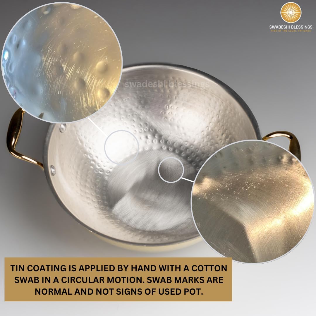 Swadeshi Blessings Exclusive Range Brass Kadai for Cooking, with Lid/Teflon-Free/Naturally Non-Stick Brass Utensils with Tin Coating