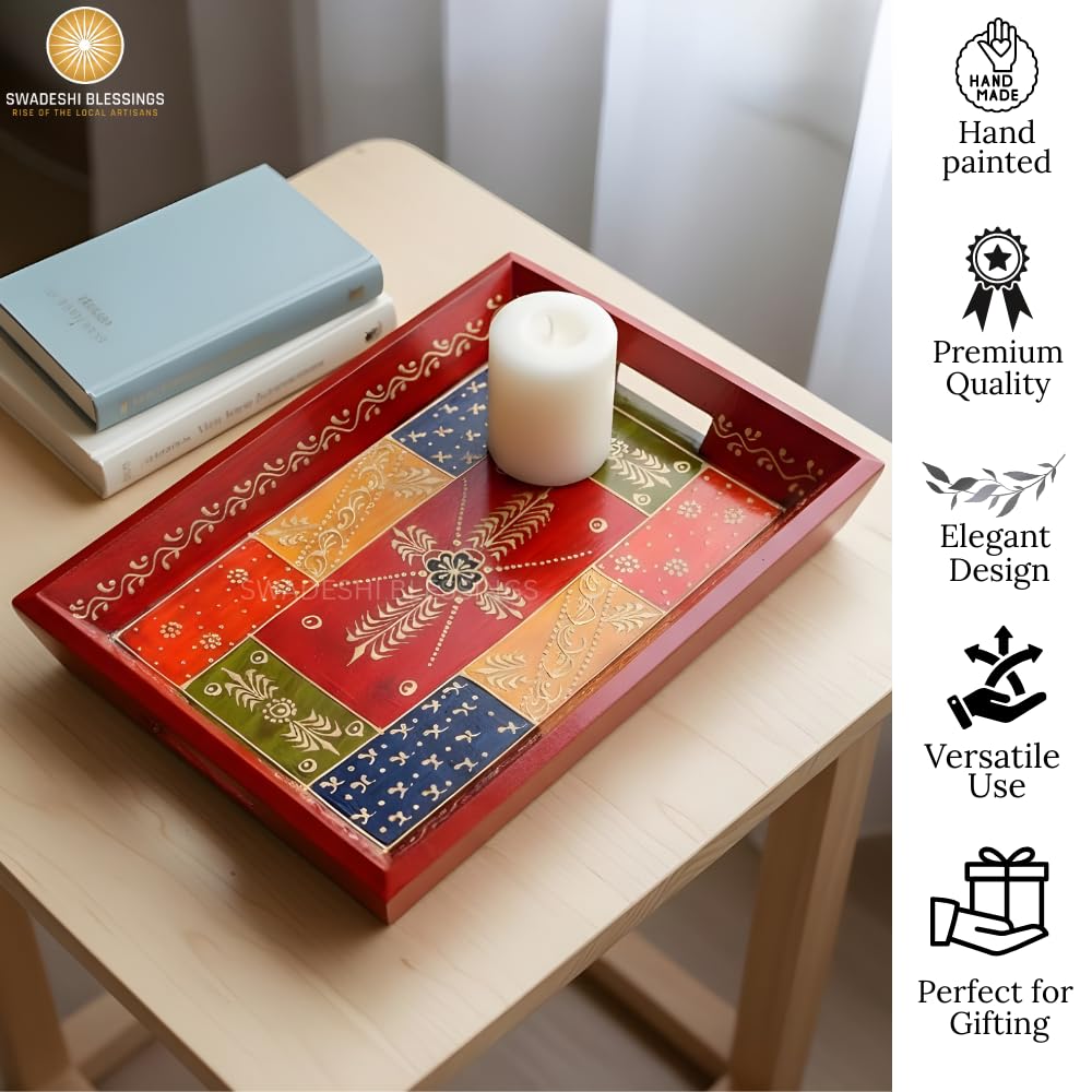 Wooden Tray for Serving- Handcrafted &amp; Hand-Painted for Kitchen/Table &amp; Home Decor/Gifts, (Single Tray) (Antique Red)