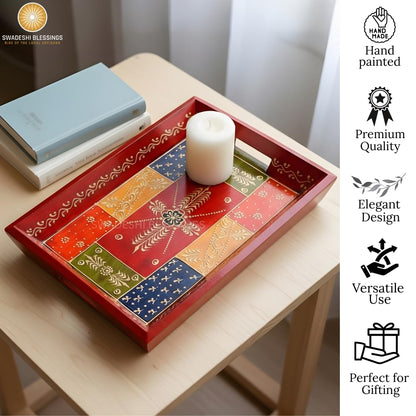 Wooden Tray for Serving- Handcrafted &amp; Hand-Painted for Kitchen/Table &amp; Home Decor/Gifts, (Single Tray) (Antique Red)