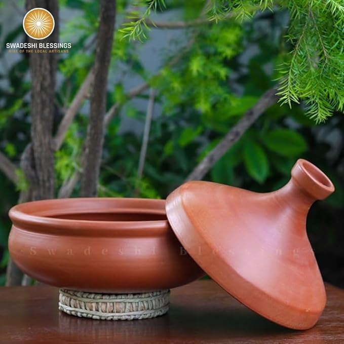 Unglazed Clay Tajine/ Handmade Earthen Tajine/ Clay Pot For Cooking &amp; Serving with Lid, 2.8Liters (With Natural White Firing Shade &amp; Mirror Shine) + FREE ASH For Cleaning