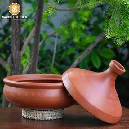 Unglazed Clay Tajine/ Handmade Earthen Tajine/ Clay Pot For Cooking &amp; Serving with Lid, 2.8Liters (With Natural White Firing Shade &amp; Mirror Shine) + FREE ASH For Cleaning