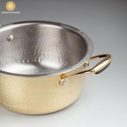 Swadeshi Blessings Exclusive Range Brass Bhagona for Cooking, with Lid/Teflon-Free/Naturally Non-Stick Brass Utensils with Tin Coating