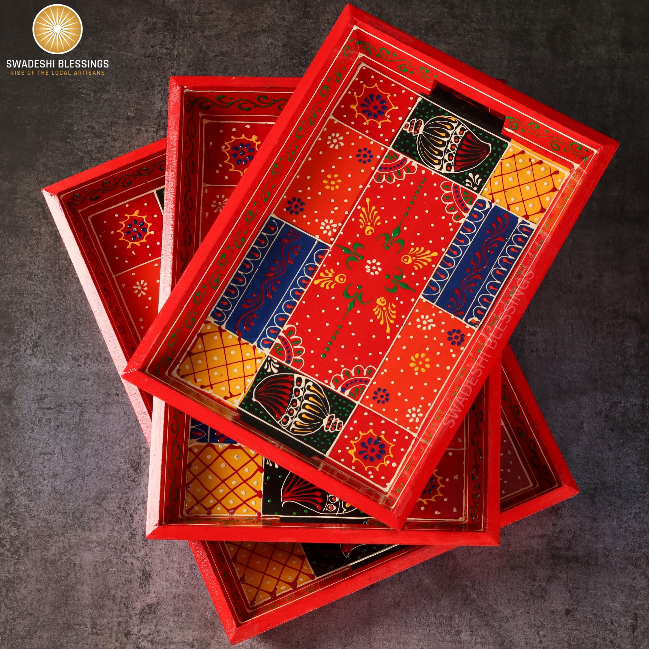 Wooden Tray for Serving- Handcrafted &amp; Hand-Painted for Kitchen/Table &amp; Home Decor/Gifts, (Single Tray) (Red)