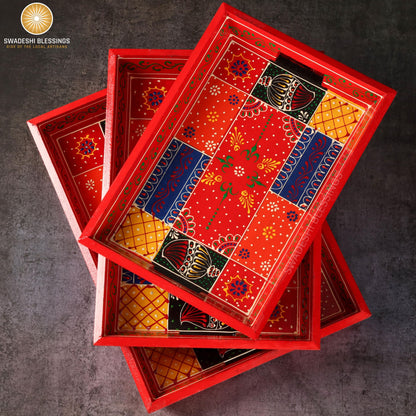 Wooden Tray for Serving- Handcrafted &amp; Hand-Painted for Kitchen/Table &amp; Home Decor/Gifts, (Single Tray) (Red)