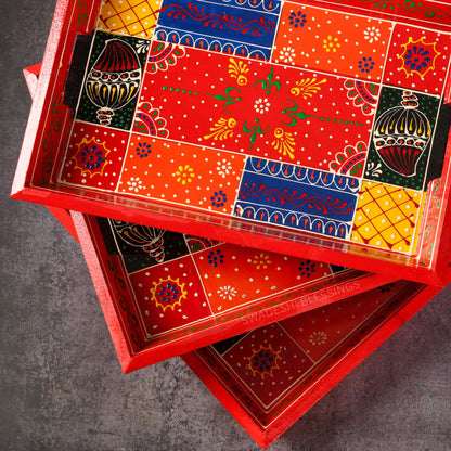 Wooden Tray for Serving- Handcrafted &amp; Hand-Painted for Kitchen/Table &amp; Home Decor/Gifts, (Single Tray) (Red)