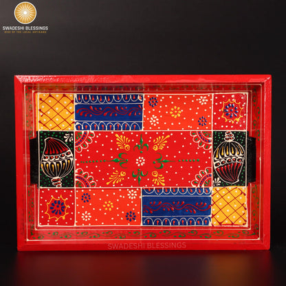 Wooden Tray for Serving- Handcrafted &amp; Hand-Painted for Kitchen/Table &amp; Home Decor/Gifts, (Single Tray) (Red)