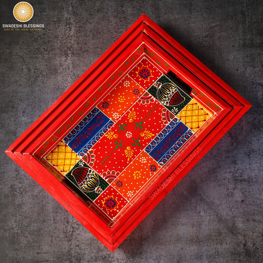 Wooden Tray for Serving- Handcrafted &amp; Hand-Painted for Kitchen/Table &amp; Home Decor/Gifts, (Single Tray) (Red)