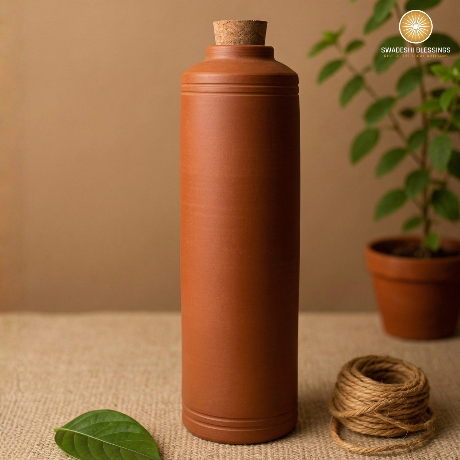 Swadeshi Blessings HandMade Clay Water Bottle, 1L/100% Eco-Friendly Earthen Water Tumbler/Indian Traditional Water Dispenser/Terracotta Water Jug/Clay Tumbler