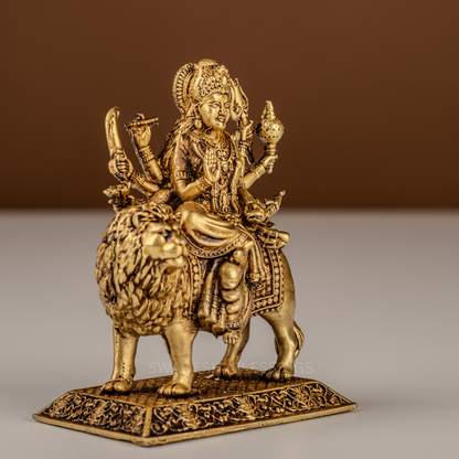 Pure Brass Durga Murti / Maa Durga Statue on Lion - 4 Inch