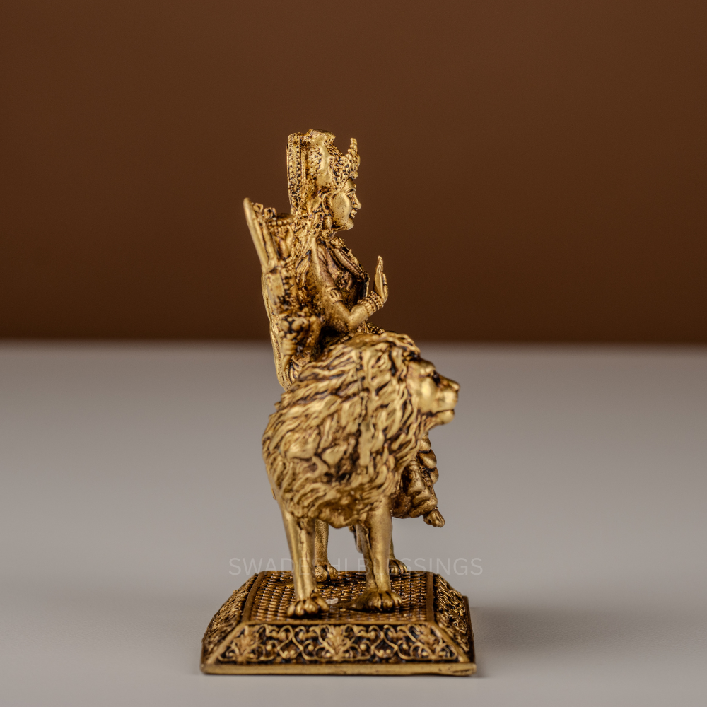 Pure Brass Durga Murti / Maa Durga Statue on Lion - 4 Inch