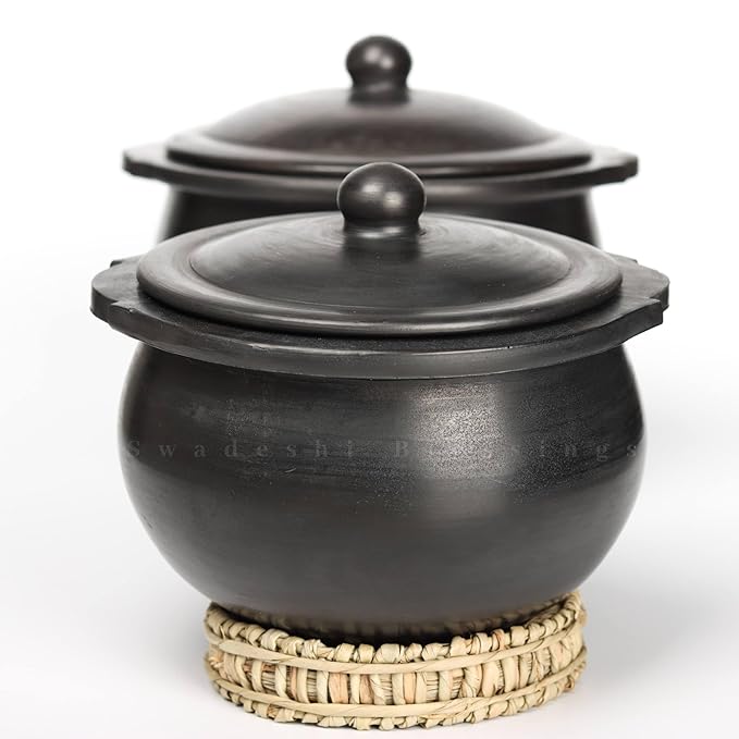 Swadeshi Blessings Unglazed Black Clay Hot Case /Earthen Kadai/Mitti Ke Bartan/Clay Pot for Serving with Lid/Curry, Biryani Pot + Free ASH for Cleaning