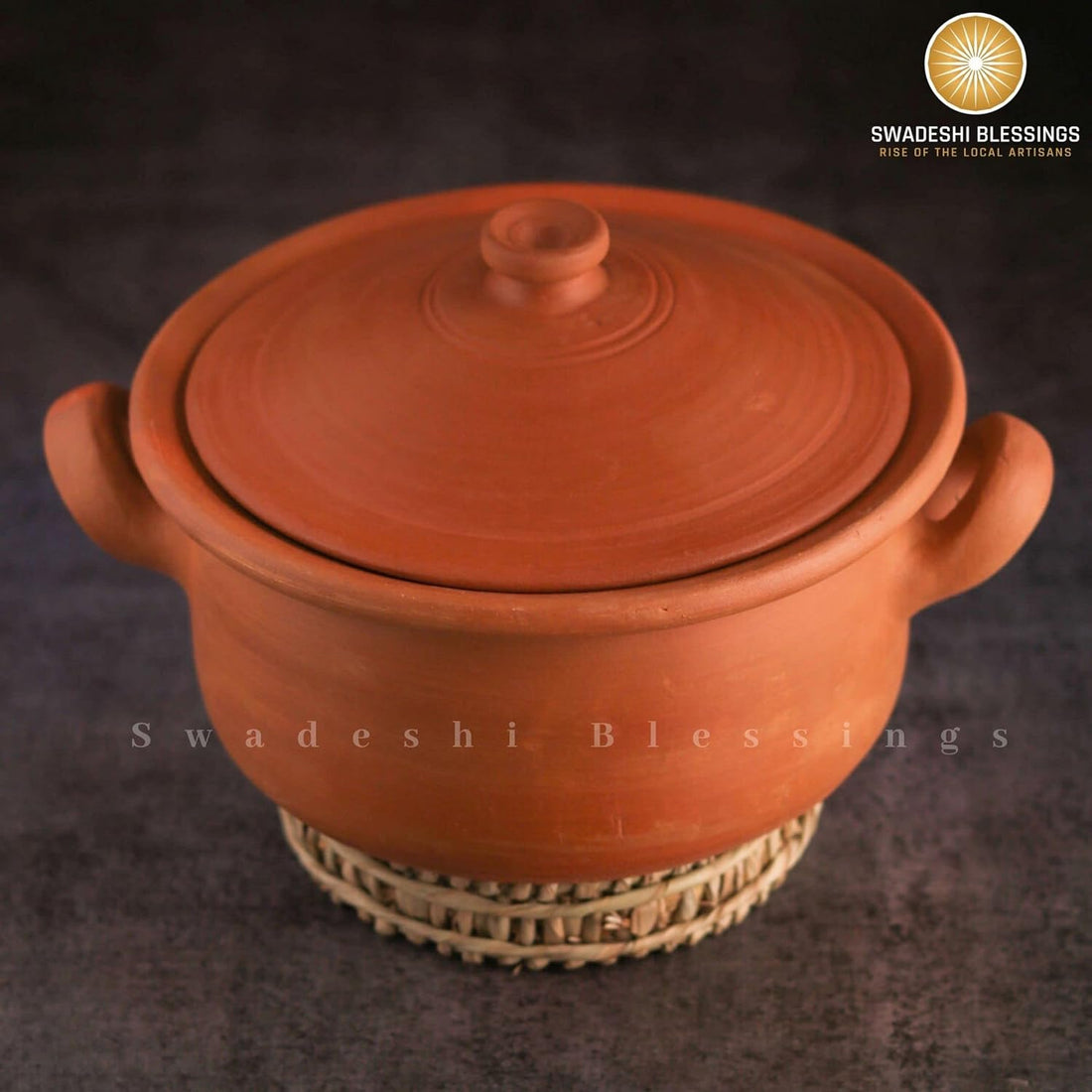 Swadeshi Blessings Exclusive Range Unglazed Clay Pot For Serving with Lid/ Earthen Kadai /Mud Handi/ Mitti Ke Bartan (With Flat Base & Mirror Finish) + FREE ASH For Cleaning
