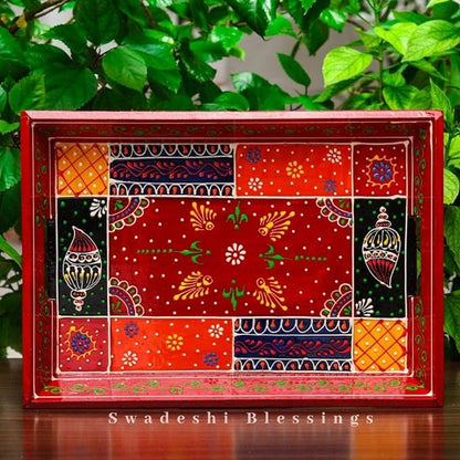 Wooden Serving Tray Set- Handcrafted &amp; Hand-Painted for Kitchen/Table &amp; Home Decor- Red