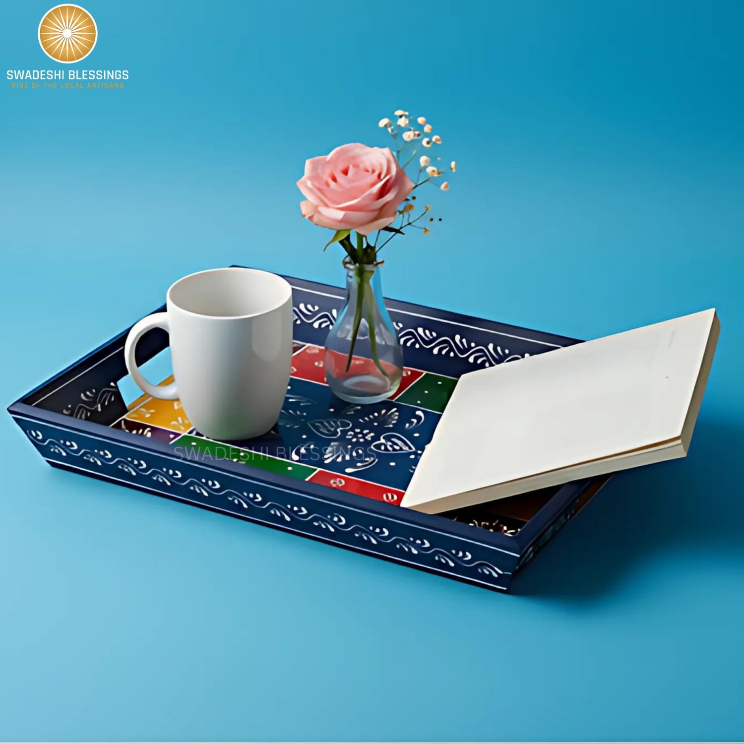 Wooden Tray for Serving- Handcrafted &amp; Hand-Painted for Kitchen/Table &amp; Home Decor/Gifts, (Single Tray) (Blue)