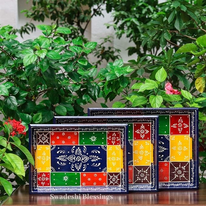 Wooden Serving Tray Set- Handcrafted & Hand-Painted for Kitchen/Table & Home Decor- Blue