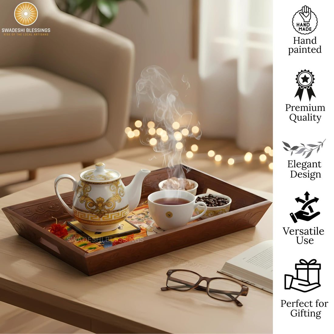 Wooden Tray for Serving- Handcrafted &amp; Hand-Painted for Kitchen/Table &amp; Home Decor/Gifts,  (Single Tray) (Brown)