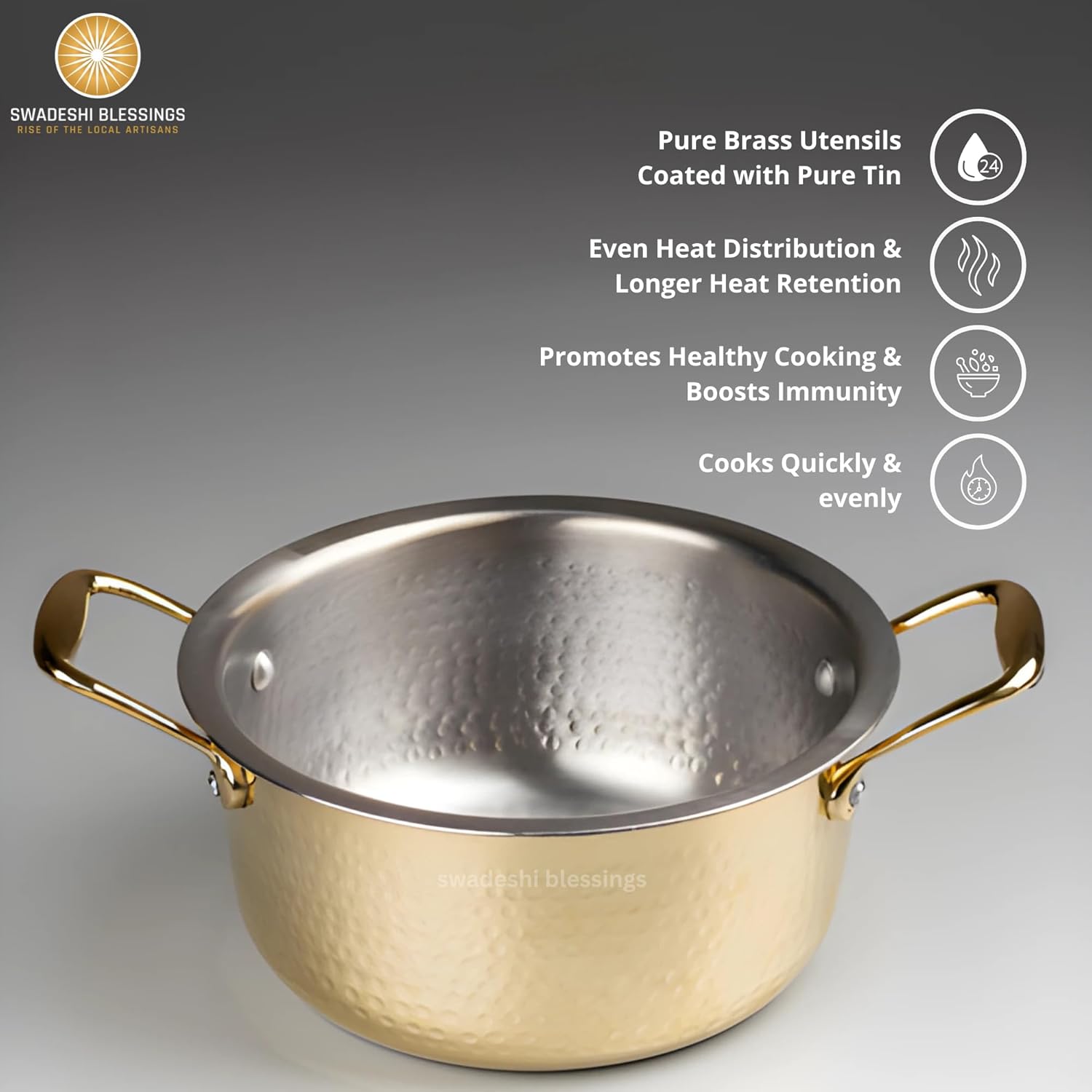 Swadeshi Blessings Exclusive Range Brass Bhagona for Cooking, with Lid/Teflon-Free/Naturally Non-Stick Brass Utensils with Tin Coating