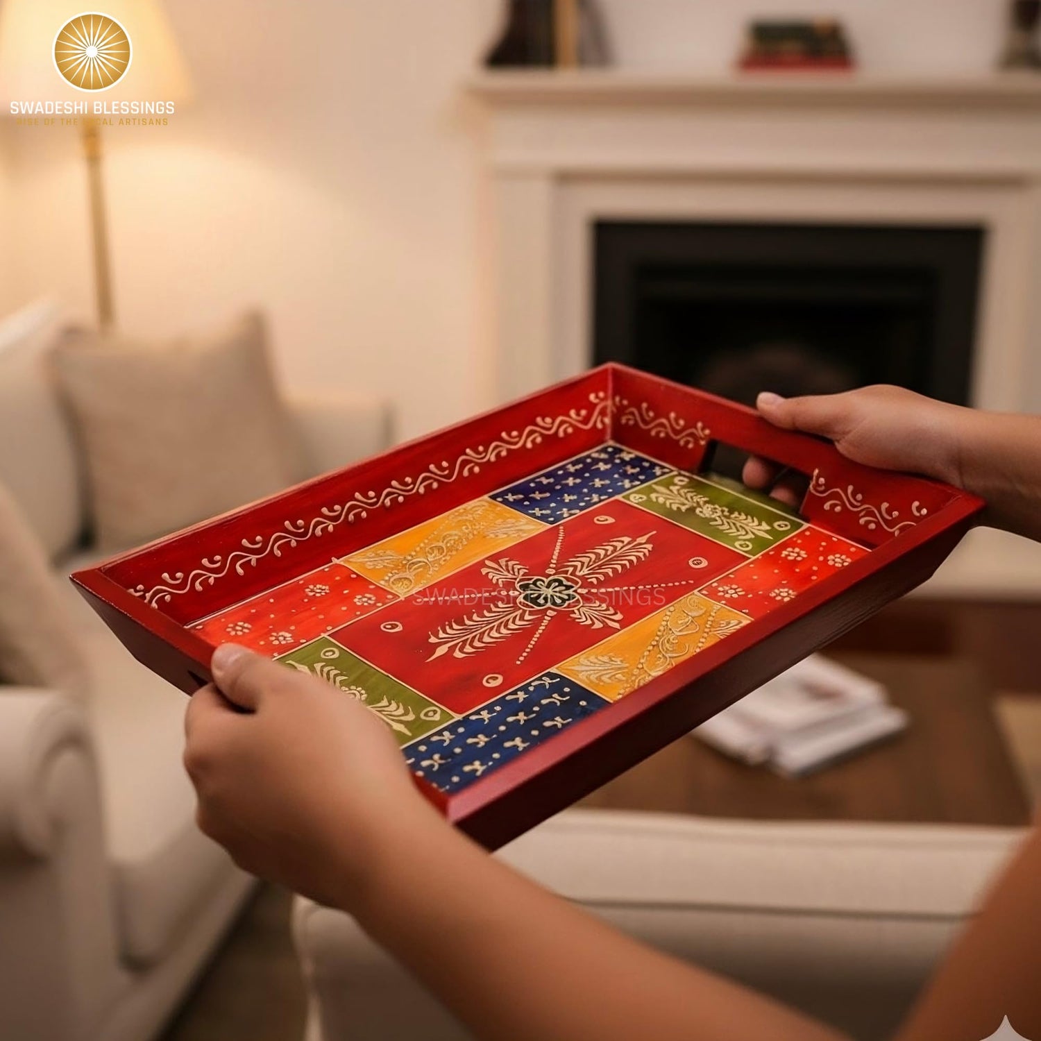 Wooden Tray for Serving- Handcrafted &amp; Hand-Painted for Kitchen/Table &amp; Home Decor/Gifts, (Single Tray) (Antique Red)