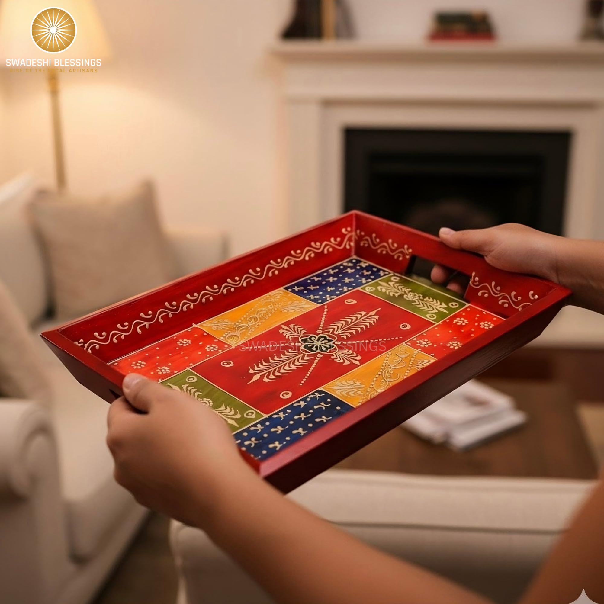 Wooden Tray for Serving- Handcrafted &amp; Hand-Painted for Kitchen/Table &amp; Home Decor/Gifts, (Single Tray) (Antique Red)