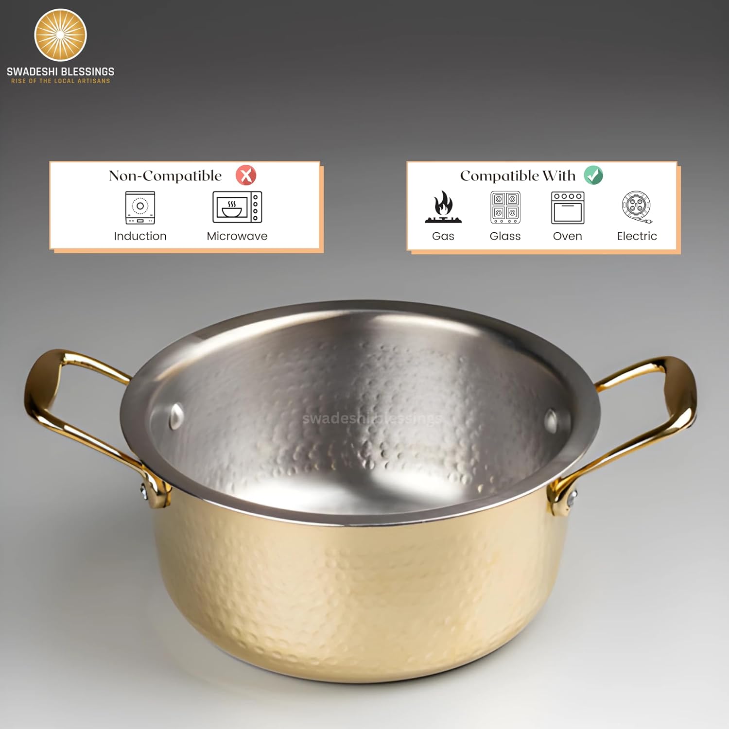 Swadeshi Blessings Exclusive Range Brass Bhagona for Cooking, with Lid/Teflon-Free/Naturally Non-Stick Brass Utensils with Tin Coating