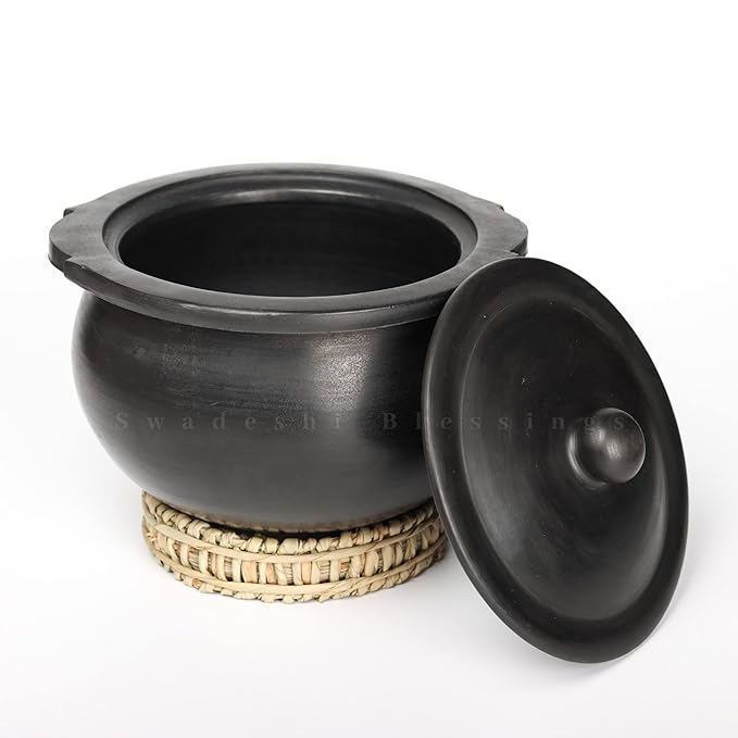 Swadeshi Blessings Unglazed Black Clay Hot Case /Earthen Kadai/Mitti Ke Bartan/Clay Pot for Serving with Lid/Curry, Biryani Pot + Free ASH for Cleaning
