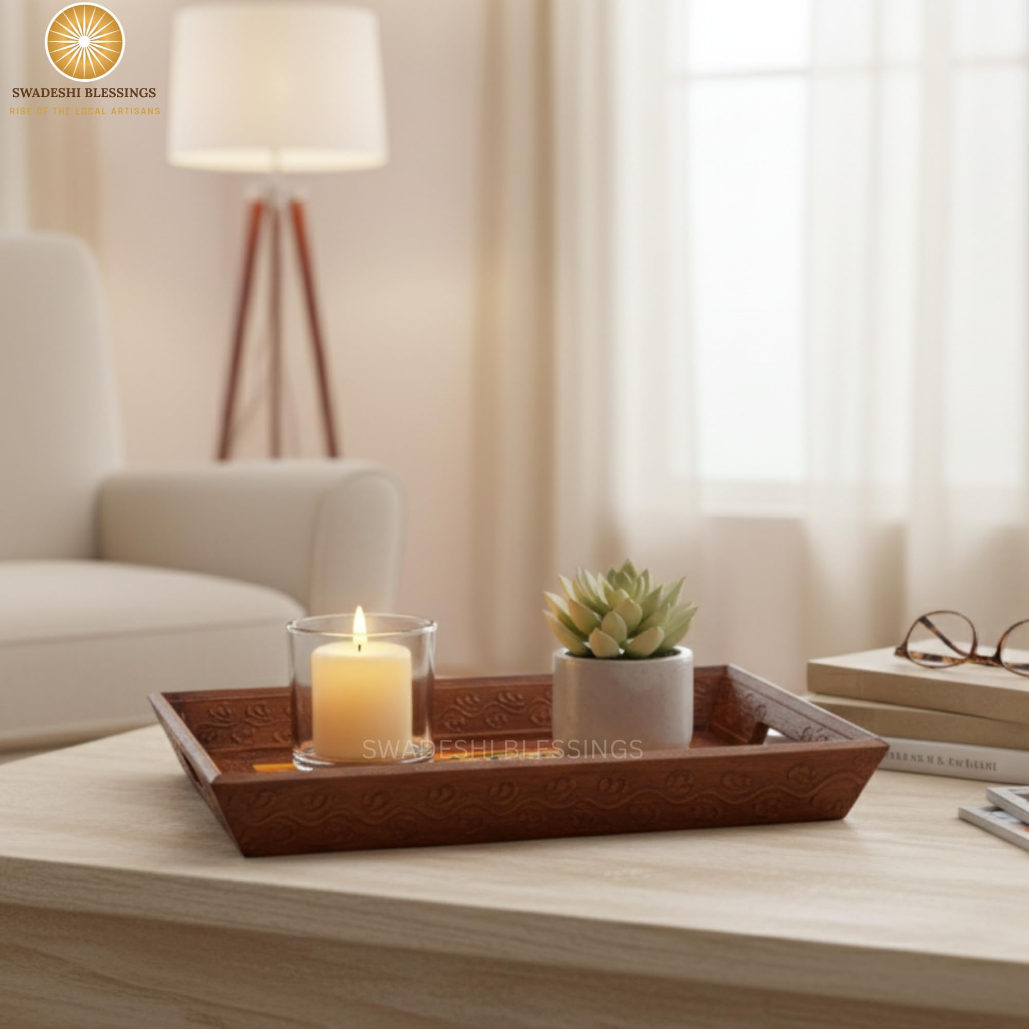 Wooden Tray for Serving- Handcrafted &amp; Hand-Painted for Kitchen/Table &amp; Home Decor/Gifts,  (Single Tray) (Brown)