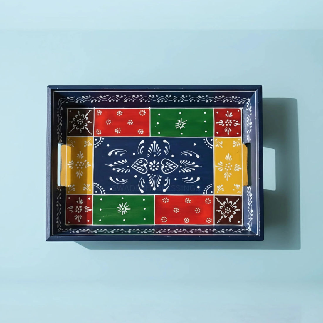 Wooden Tray for Serving- Handcrafted &amp; Hand-Painted for Kitchen/Table &amp; Home Decor/Gifts, (Single Tray) (Blue)