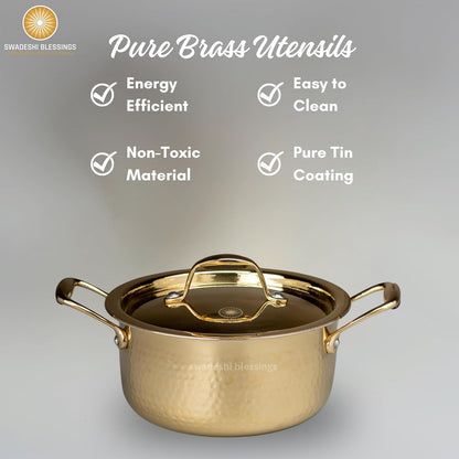 Swadeshi Blessings Exclusive Range Brass Bhagona for Cooking, with Lid/Teflon-Free/Naturally Non-Stick Brass Utensils with Tin Coating