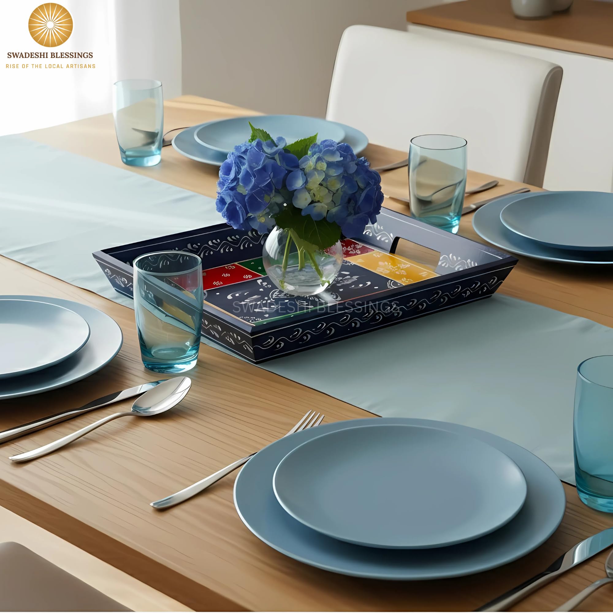 Wooden Tray for Serving- Handcrafted &amp; Hand-Painted for Kitchen/Table &amp; Home Decor/Gifts, (Single Tray) (Blue)