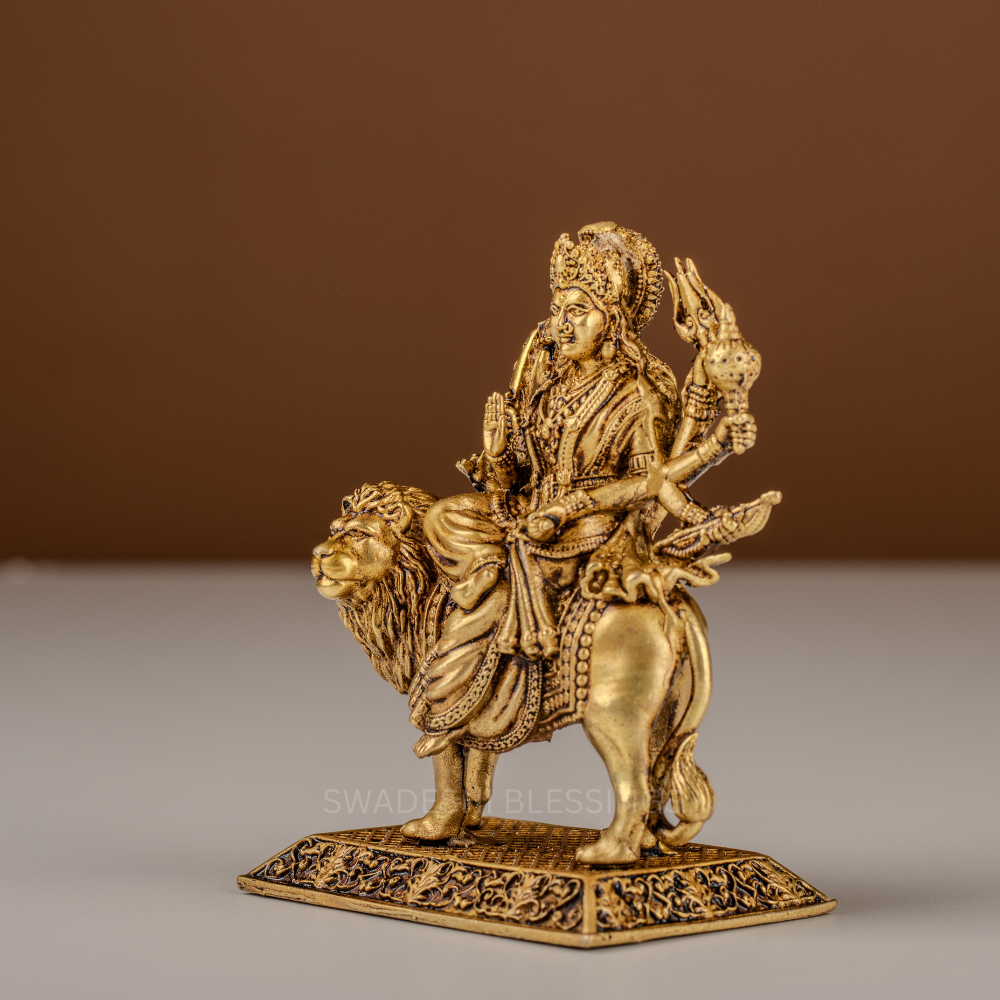 Pure Brass Durga Murti / Maa Durga Statue on Lion - 4 Inch