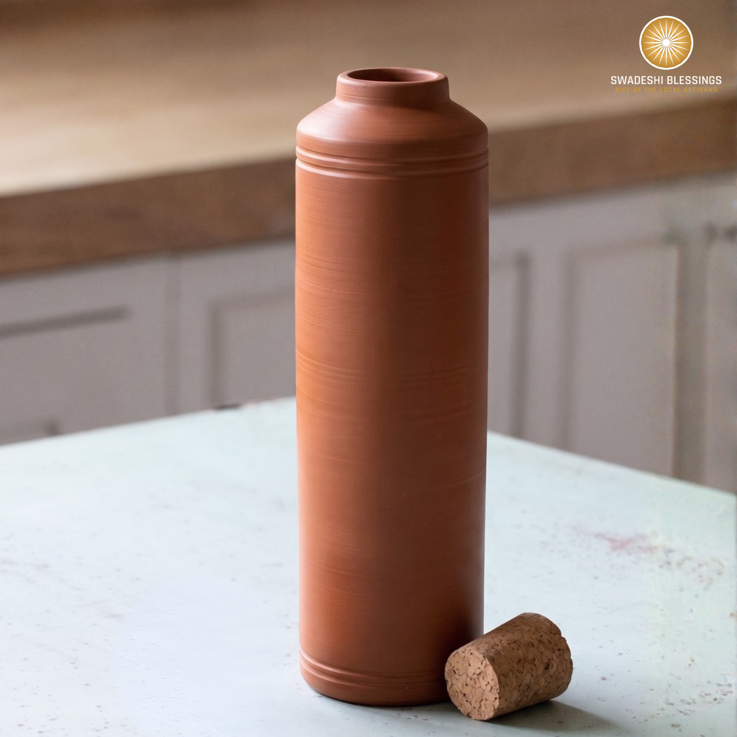 Swadeshi Blessings HandMade Clay Water Bottle, 1L/100% Eco-Friendly Earthen Water Tumbler/Indian Traditional Water Dispenser/Terracotta Water Jug/Clay Tumbler