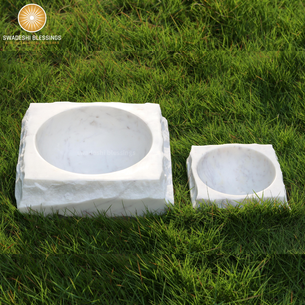 HandCrafted White Marble Rock Finish Decorative Bowl | Marble Bowl for Home Decor | Key/Fruit Bowl | Organic Modern Home Decor Bowl