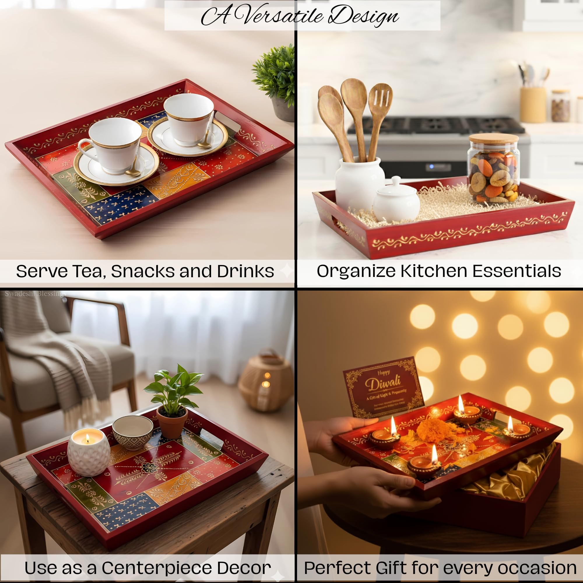Wooden Tray for Serving- Handcrafted &amp; Hand-Painted for Kitchen/Table &amp; Home Decor/Gifts, (Single Tray) (Antique Red)