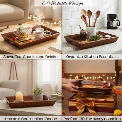 Wooden Tray for Serving- Handcrafted &amp; Hand-Painted for Kitchen/Table &amp; Home Decor/Gifts,  (Single Tray) (Brown)