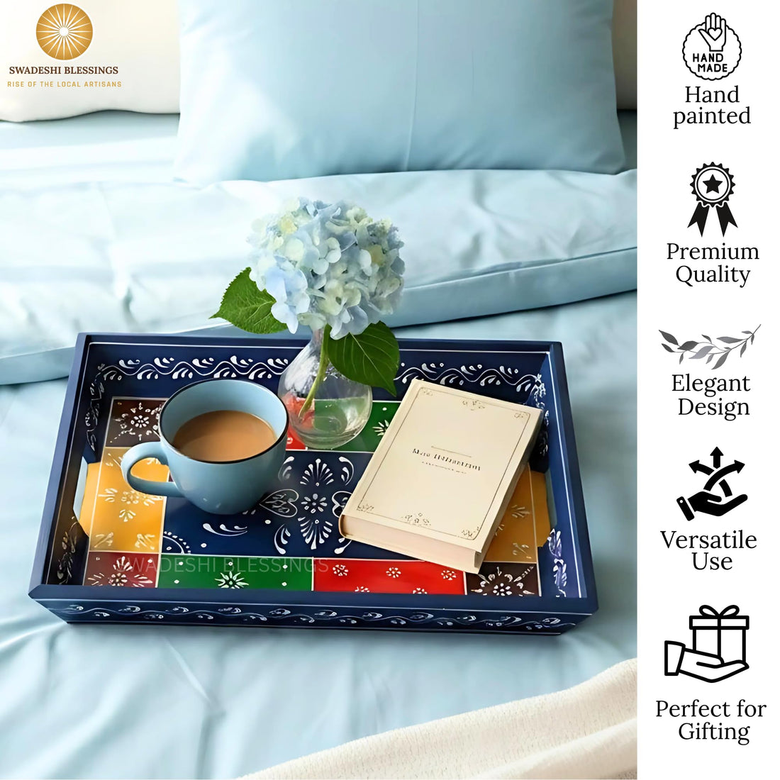 Wooden Tray for Serving- Handcrafted &amp; Hand-Painted for Kitchen/Table &amp; Home Decor/Gifts, (Single Tray) (Blue)