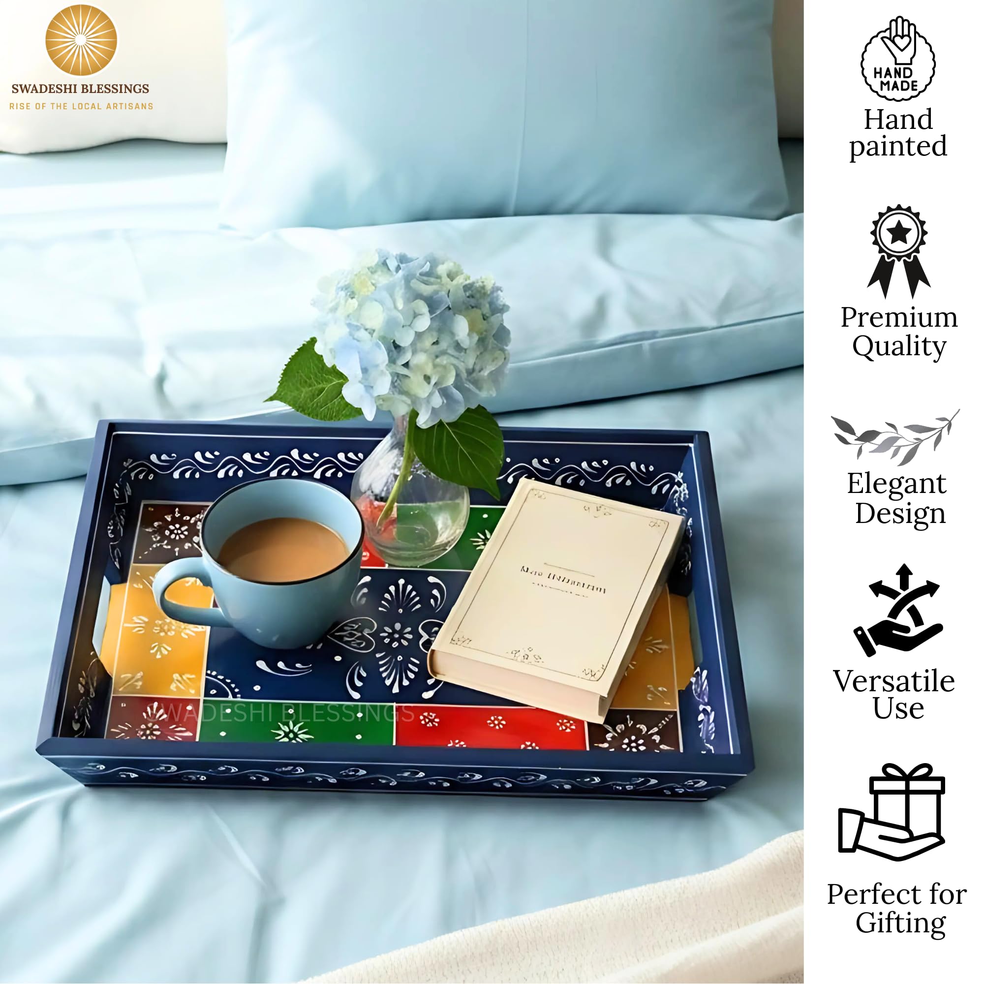 Wooden Tray for Serving- Handcrafted &amp; Hand-Painted for Kitchen/Table &amp; Home Decor/Gifts, (Single Tray) (Blue)