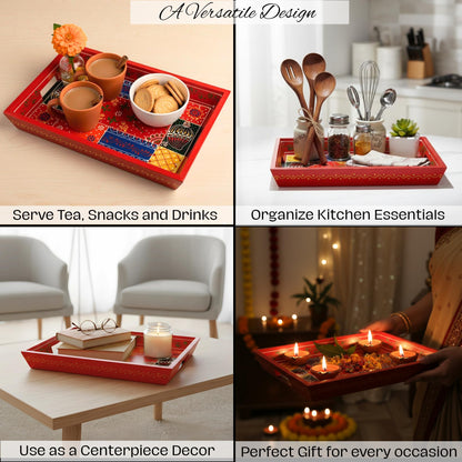Wooden Tray for Serving- Handcrafted &amp; Hand-Painted for Kitchen/Table &amp; Home Decor/Gifts, (Single Tray) (Red)