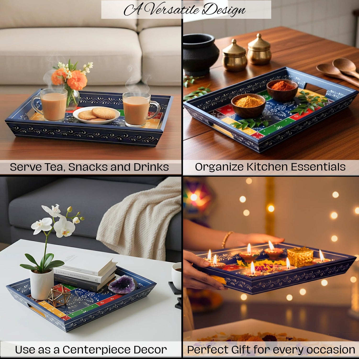 Wooden Tray for Serving- Handcrafted &amp; Hand-Painted for Kitchen/Table &amp; Home Decor/Gifts, (Single Tray) (Blue)