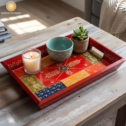 Wooden Tray for Serving- Handcrafted &amp; Hand-Painted for Kitchen/Table &amp; Home Decor/Gifts, (Single Tray) (Antique Red)