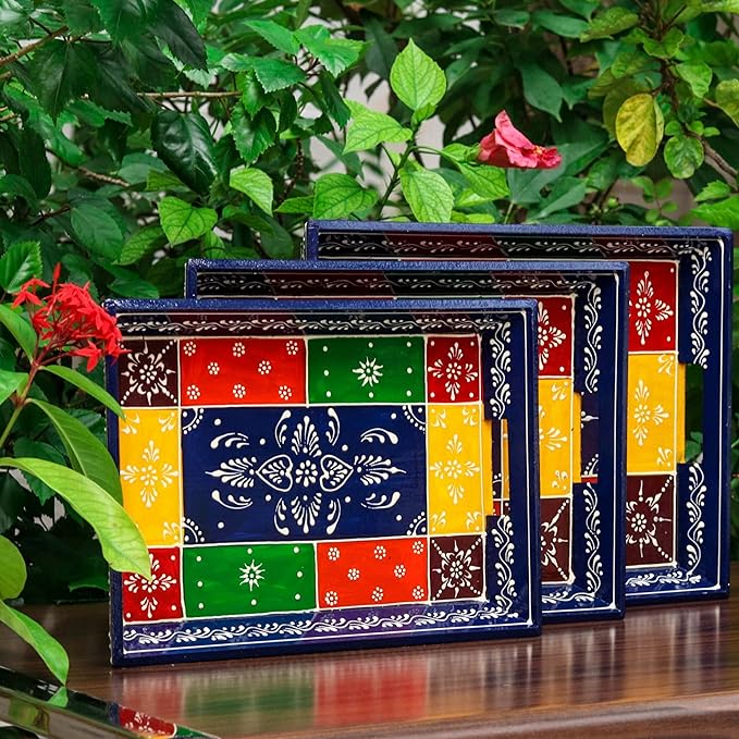 Wooden Serving Tray Set- Handcrafted & Hand-Painted for Kitchen/Table & Home Decor- Blue