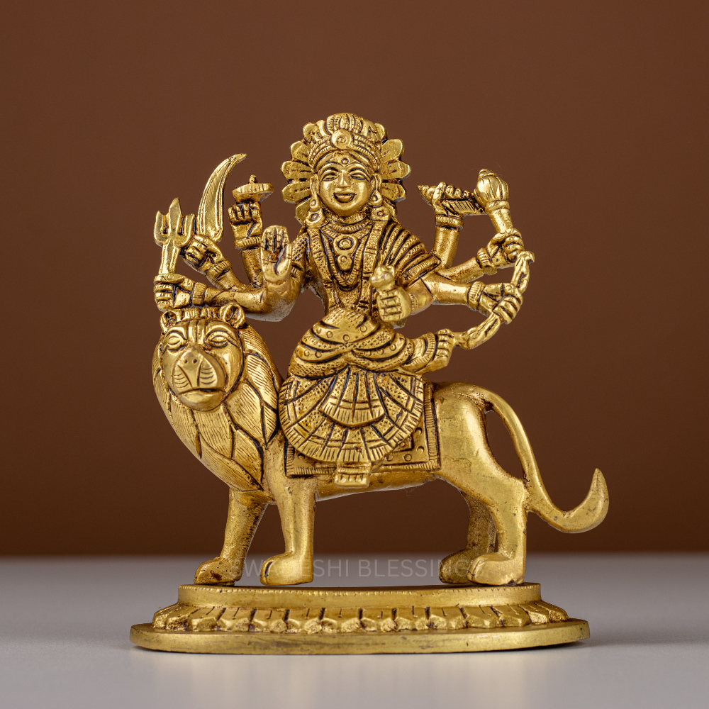 Pure Brass Durga Murti / Maa Durga Statue on Lion - 5.5 Inch