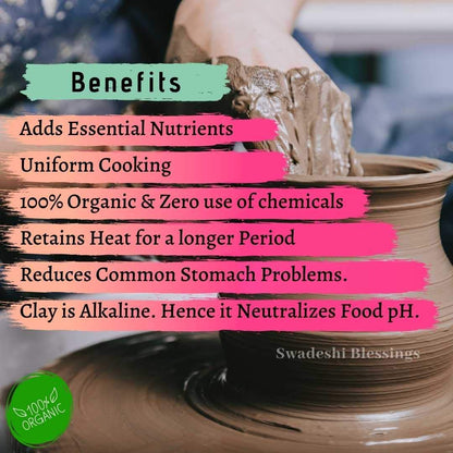 Unglazed Clay Handi/ Handmade Earthen Kadai/ Mitti Bhagona / Clay Pot For Cooking &amp; Serving with Lid, 2.5Liters (With Natural White Firing Shade &amp; Mirror Shine)