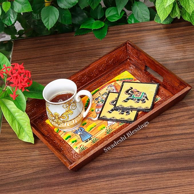 Wooden Serving Tray Set- Handcrafted & Hand-Painted for Kitchen/Table & Home Decor- Brown
