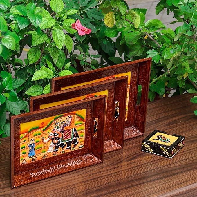 Wooden Serving Tray Set- Handcrafted & Hand-Painted for Kitchen/Table & Home Decor- Brown