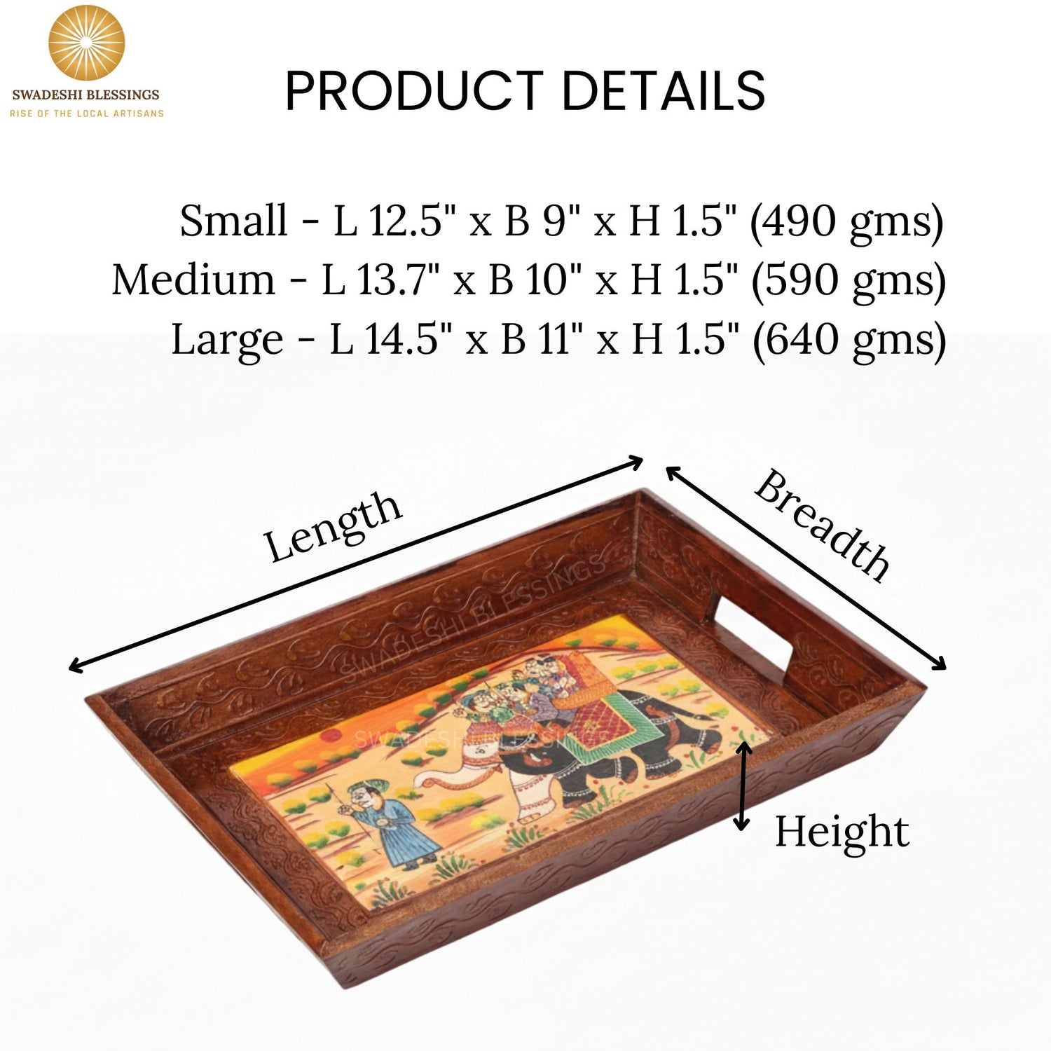Wooden Tray for Serving- Handcrafted &amp; Hand-Painted for Kitchen/Table &amp; Home Decor/Gifts,  (Single Tray) (Brown)