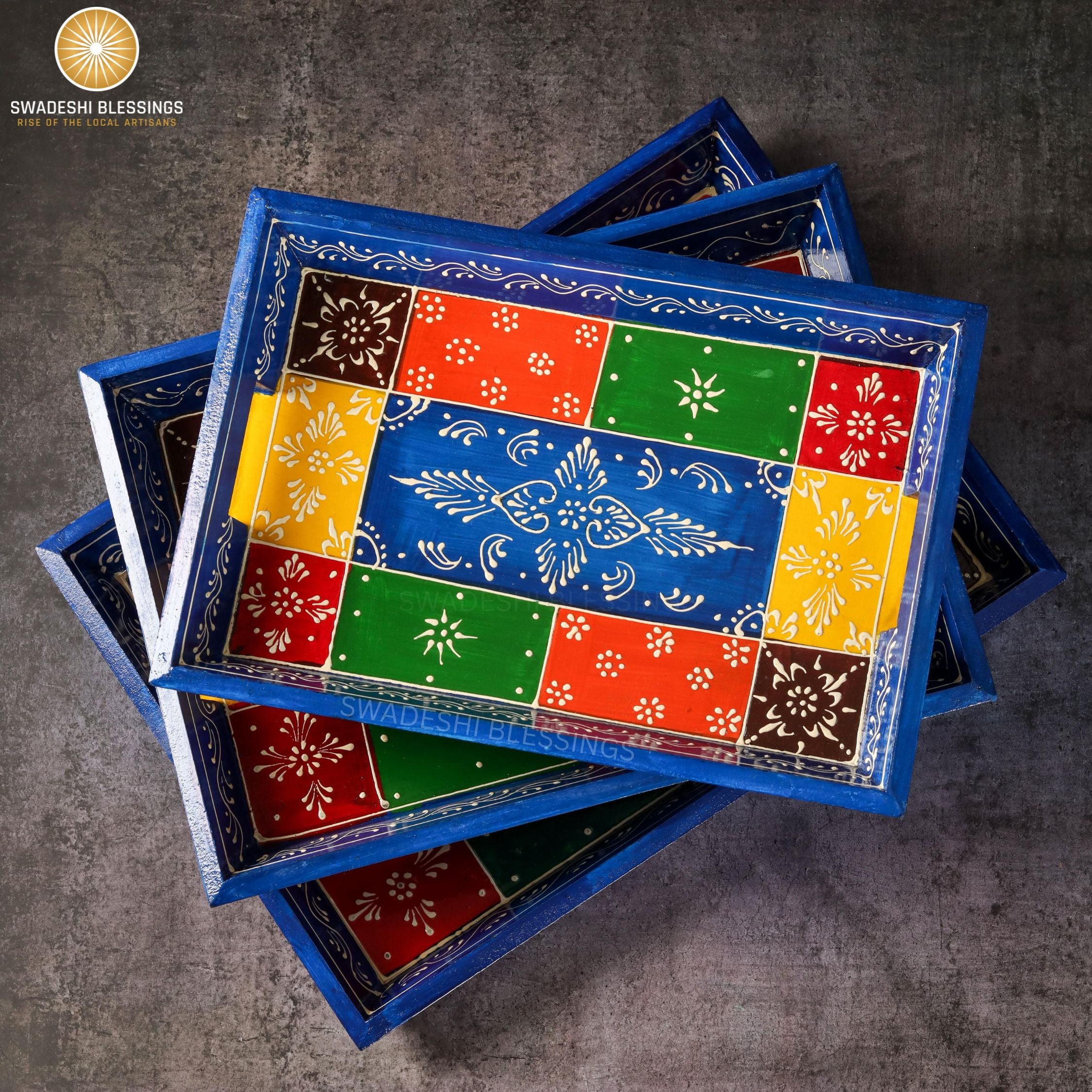 Wooden Tray for Serving- Handcrafted &amp; Hand-Painted for Kitchen/Table &amp; Home Decor/Gifts, (Single Tray) (Blue)