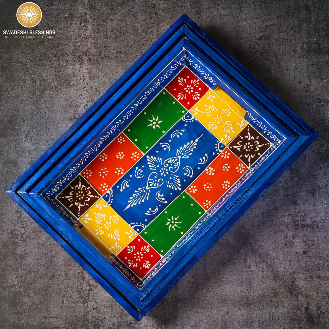Wooden Tray for Serving- Handcrafted &amp; Hand-Painted for Kitchen/Table &amp; Home Decor/Gifts, (Single Tray) (Blue)