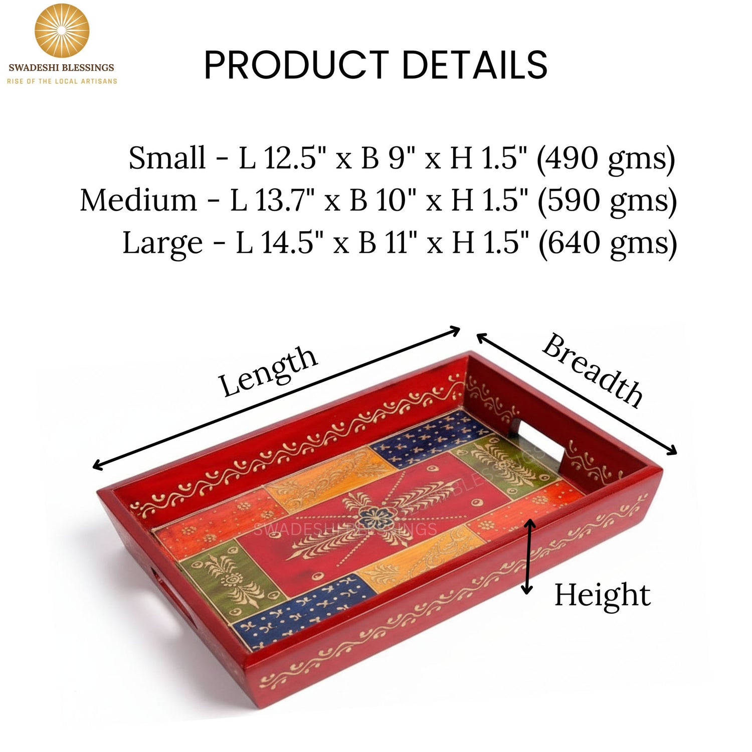 Wooden Tray for Serving- Handcrafted &amp; Hand-Painted for Kitchen/Table &amp; Home Decor/Gifts, (Single Tray) (Antique Red)