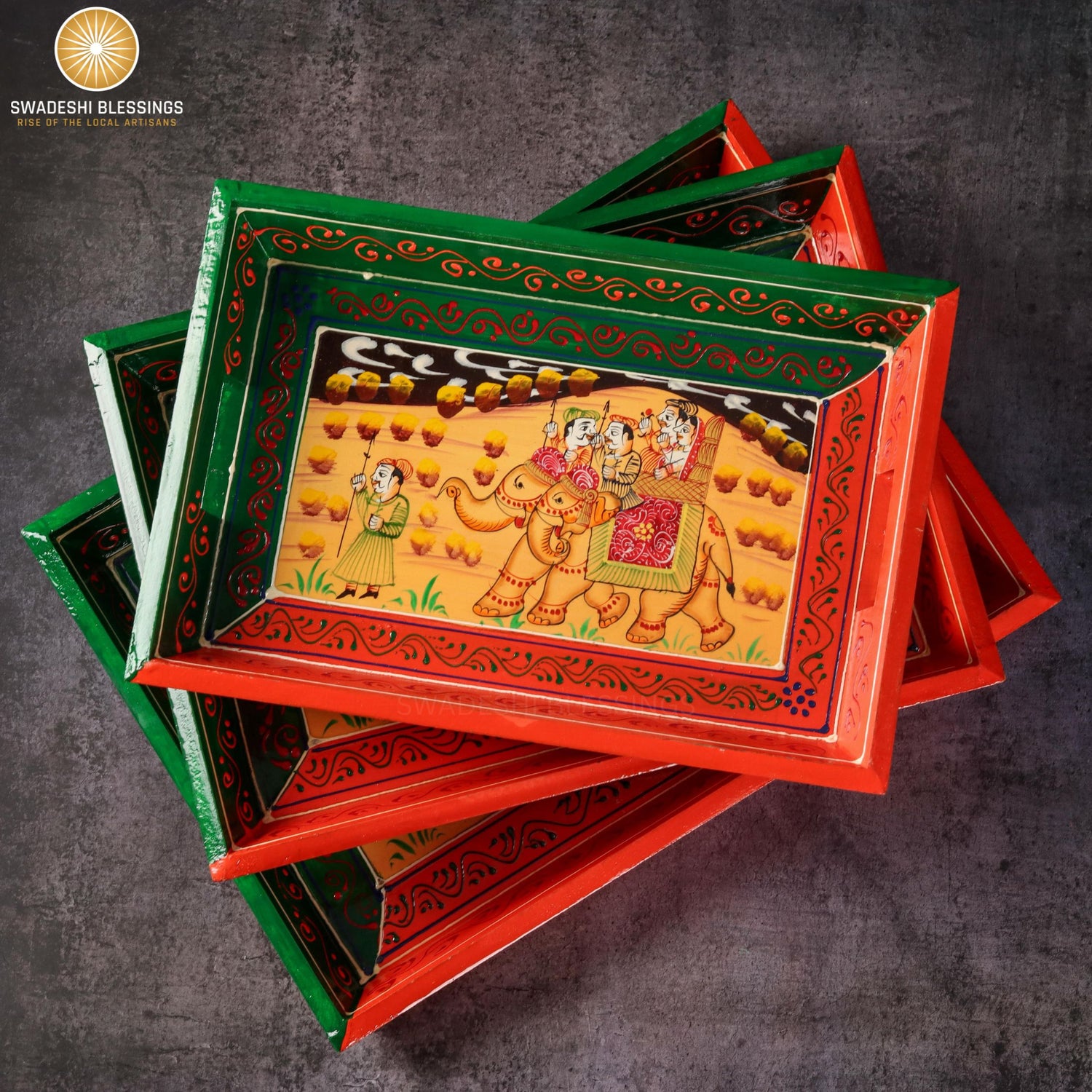 Wooden Tray for Serving- Handcrafted &amp; Hand-Painted for Kitchen/Table &amp; Home Decor/Gifts, (Single Tray) (Orange)