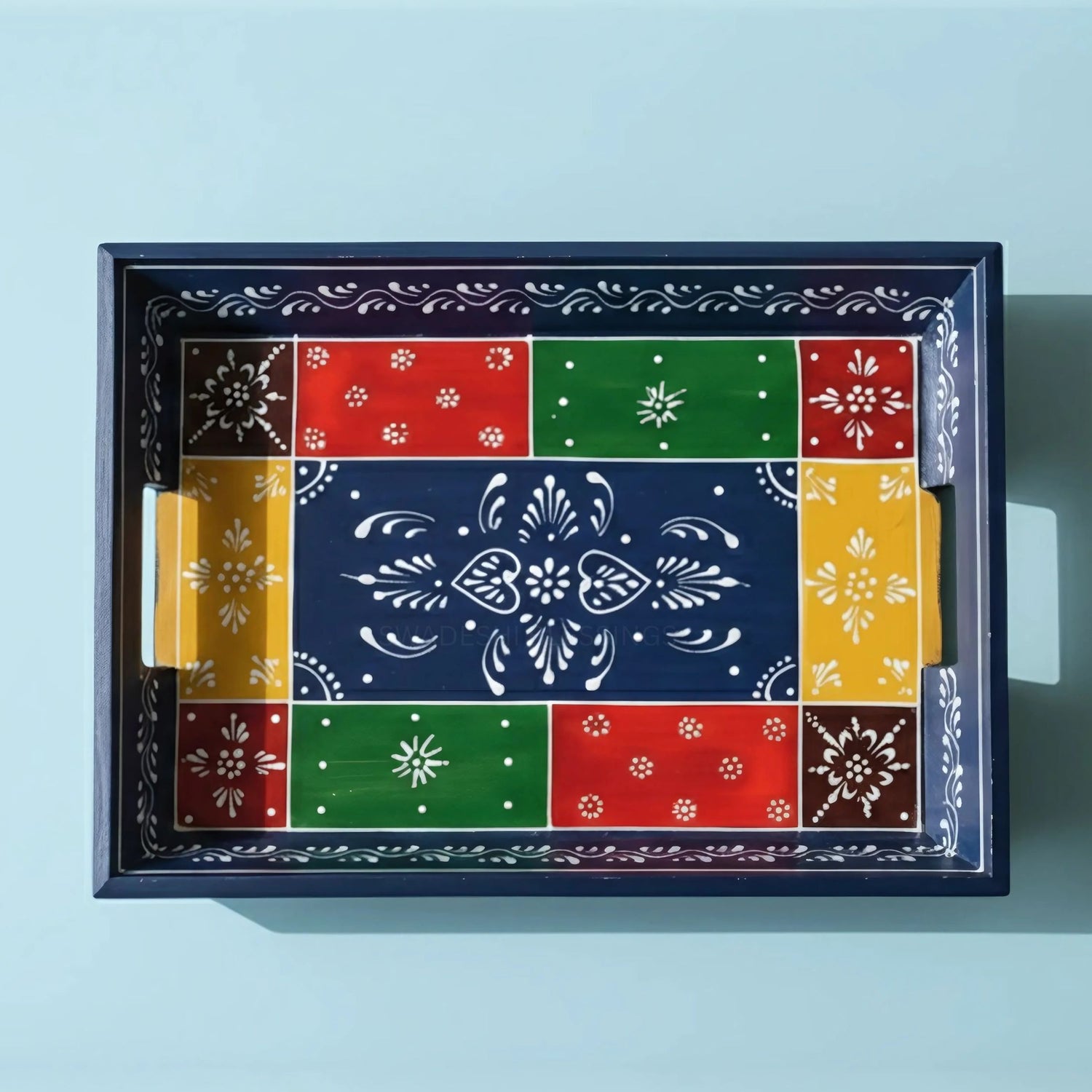 Wooden Tray for Serving- Handcrafted &amp; Hand-Painted for Kitchen/Table &amp; Home Decor/Gifts, (Single Tray) (Blue)